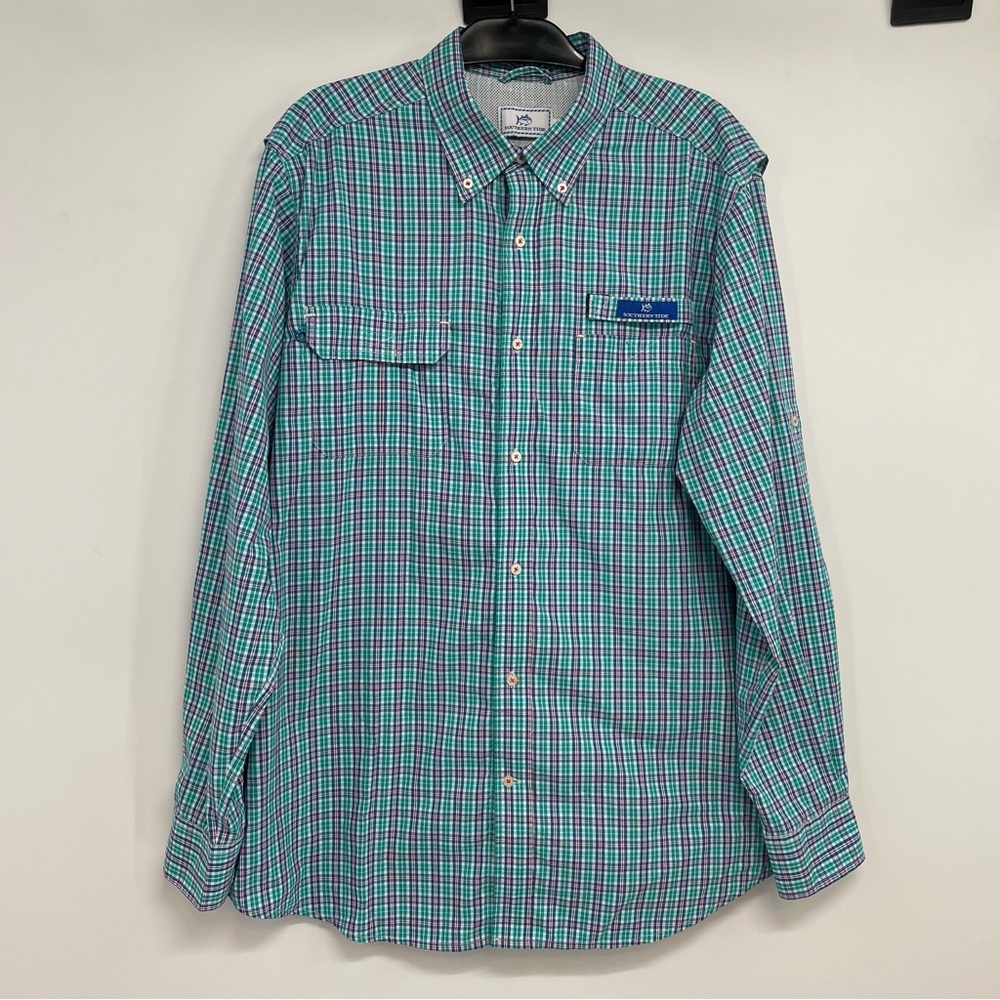 Southern Tide Red Drum Plaid Fishing Shirt Roll Tab Long Sleeve Sz L Atlas Green - Picture 4 of 13